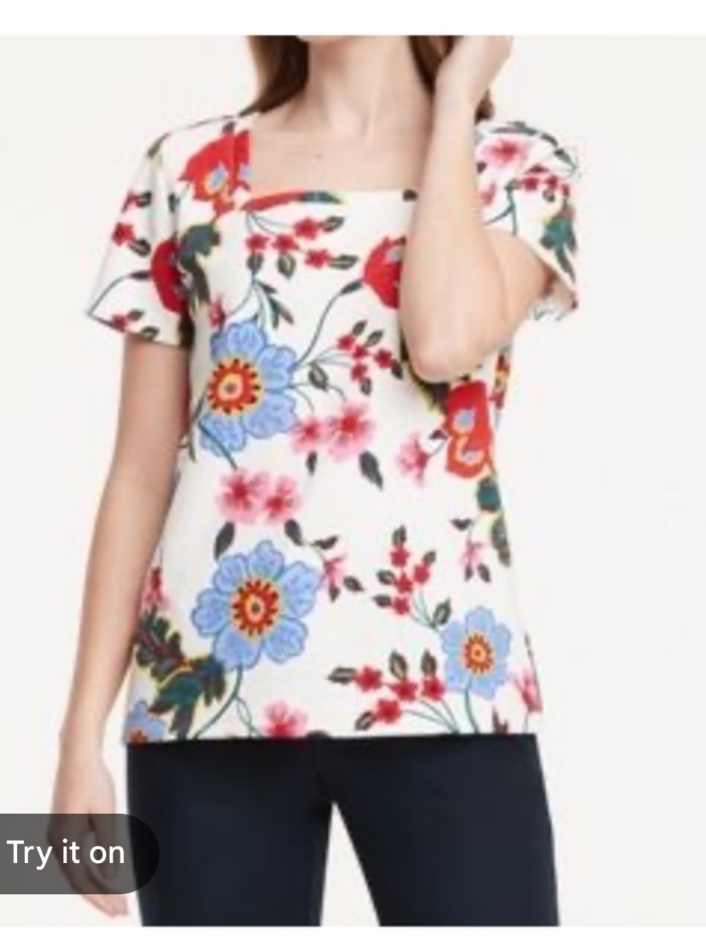Ann Taylor White Scoop Neck Tee with Red, Blue and Pink Floral Print